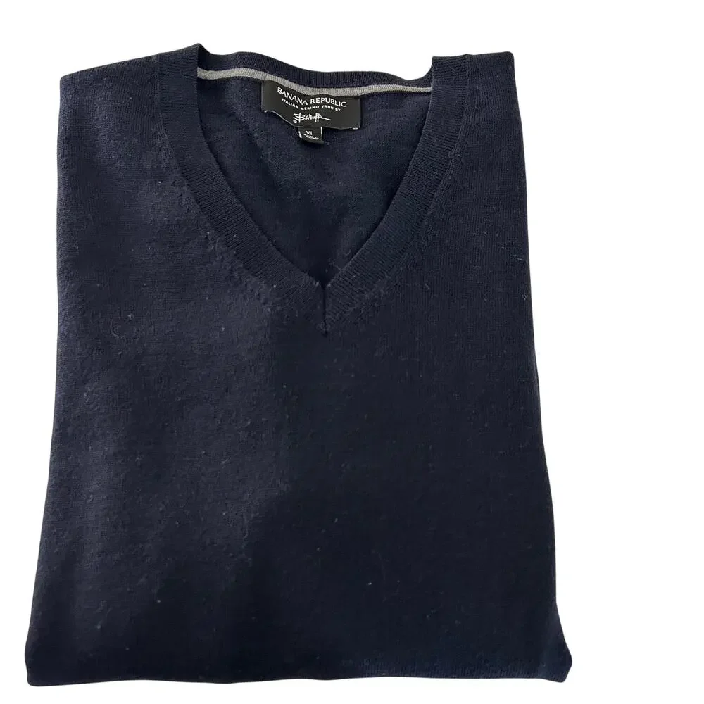 Banana Republic Italian Merino Wool Sweater Mens XL Navy V Neck Knit Pullover